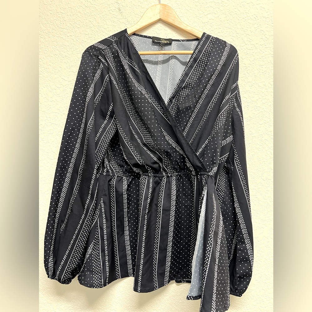 *Women’s Navy Satin V Neck Faux Wrap Blouse Babydoll 1X